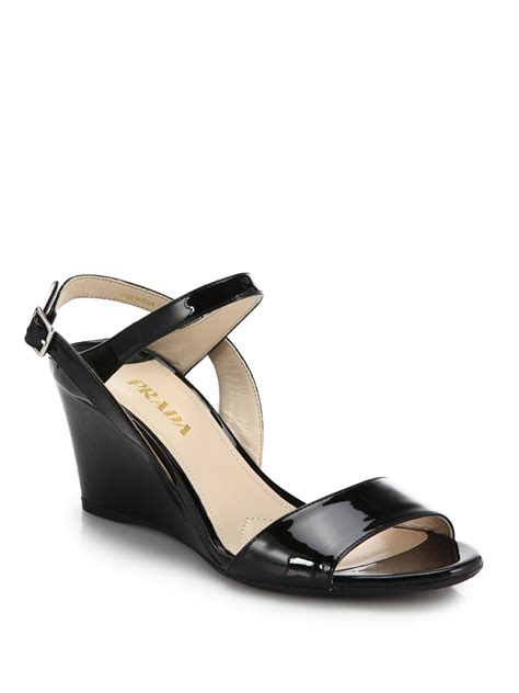 prada black patent leather wedge sandals|prada patent leather heels.